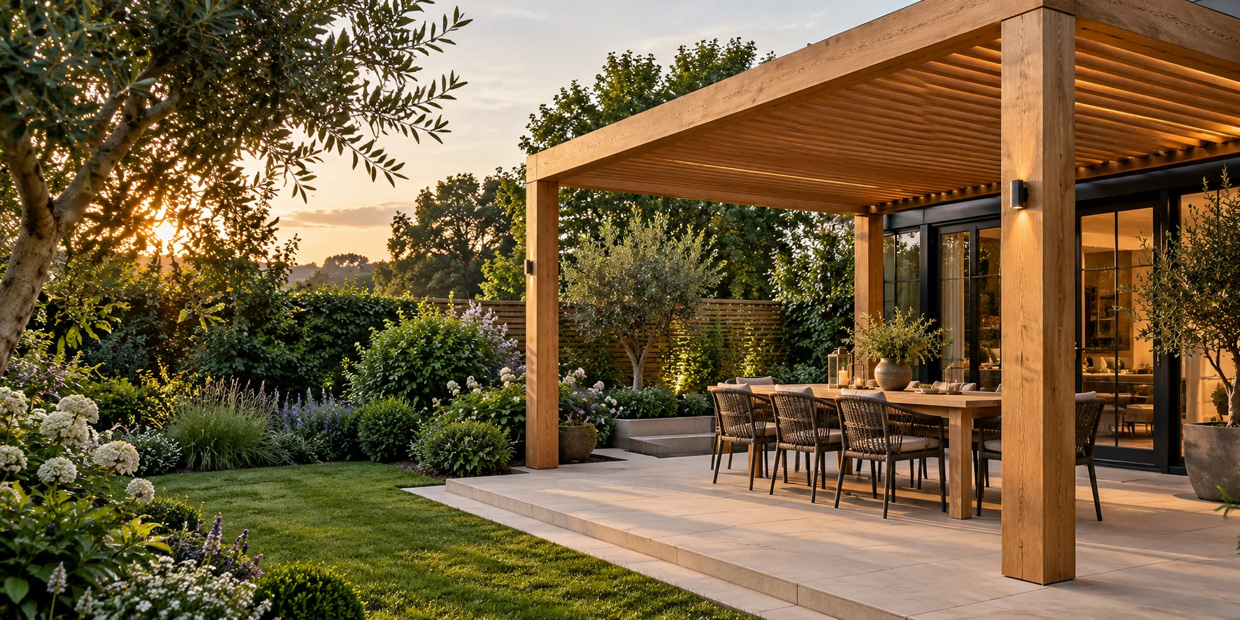 Modern pergola in a landscaped British garden